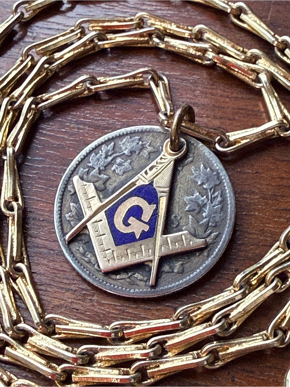 Antique Masonic Watch Fob Pendant Necklace; Silver Gold Fill & Enamel; Toronto